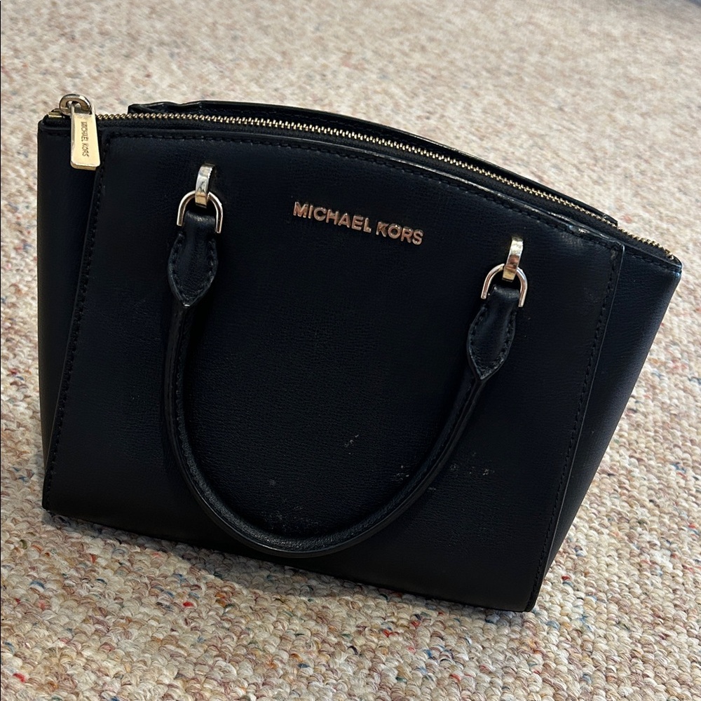 MICHAEL KORS Black Leather Dome Satchel with Gold Hardware